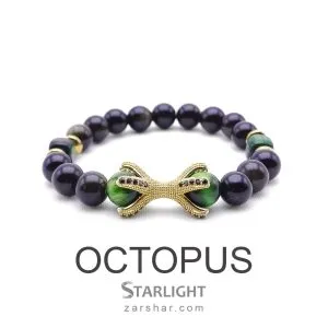 عکس دستبند نگین دار مهره ای سنگ طبیعی چشم ببر و حدید Octopus