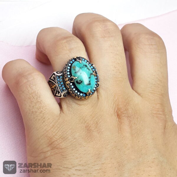 عکس انگشتر فیروزه نیشابوری احیاء شده با رکاب ماشینی اسپرت