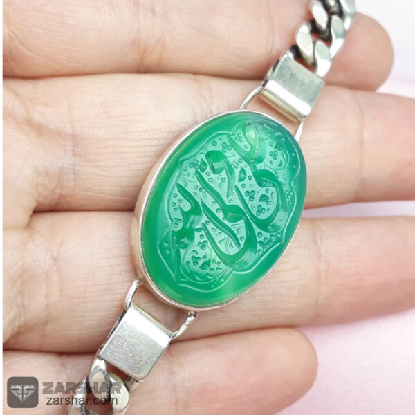 دستبند عقیق سبز خطی علی ولی الله عکس دستبند عقیق سبز خطی علی ولی الله