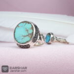 عکس انگشتر ست فیروزه نیشابوری خوشرنگ همراه حرز امام جواد و تربت امام حسین