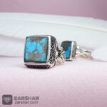 عکس انگشتر ست فیروزه نیشابوری چهارگوش مربعی همراه حرز امام جواد و تربت امام حسین