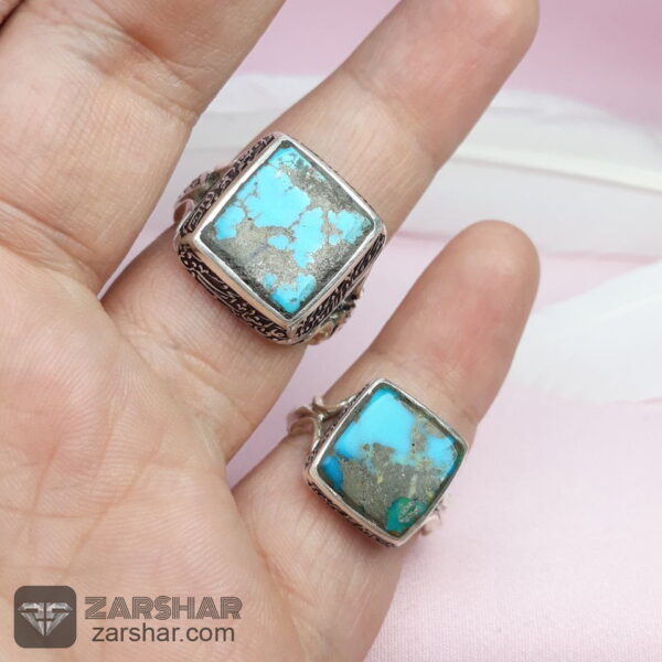 عکس انگشتر ست فیروزه نیشابوری چهارگوش مربعی همراه حرز امام جواد و تربت امام حسین