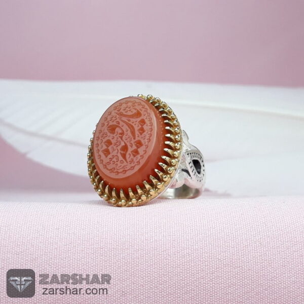 عکس انگشتر مردانه عقیق یمنی پرتقالی خطی یا رقیه