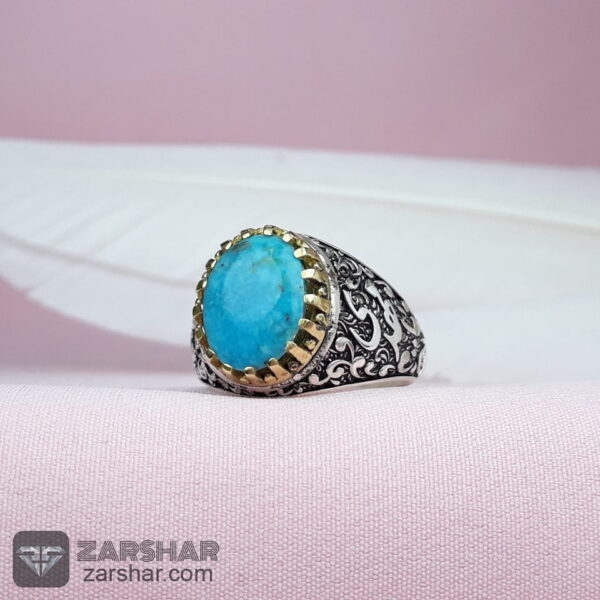 عکس انگشتر مردانه فیروزه نیشابوری خوشرنگ سیاه قلم