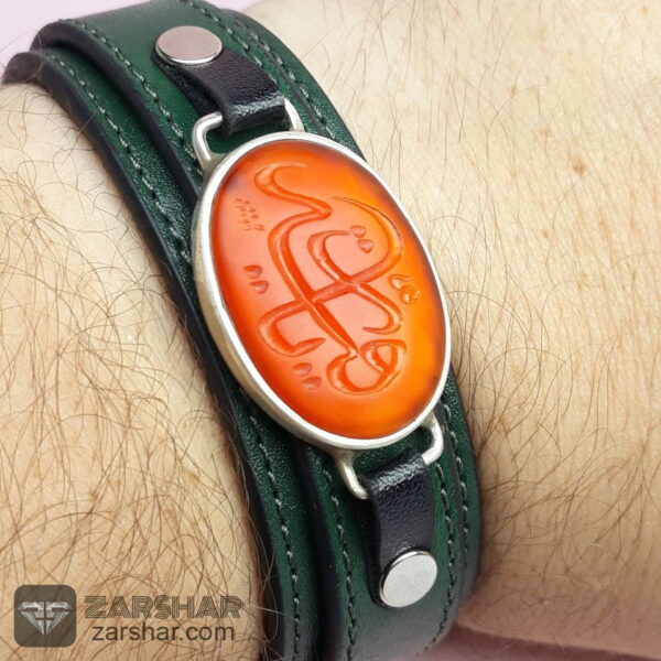 عکس دستبند چرم عقیق سرخ خراسانی خطی یا رقیه