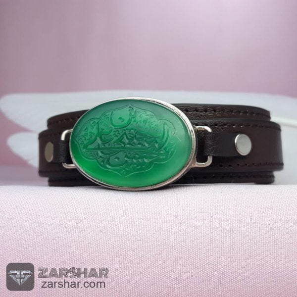 دستبند چرمی عقیق سبز خطی