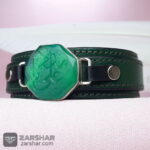 عکس دستبند چرمی هشت ضلعی عقیق سبز یا علی مدد