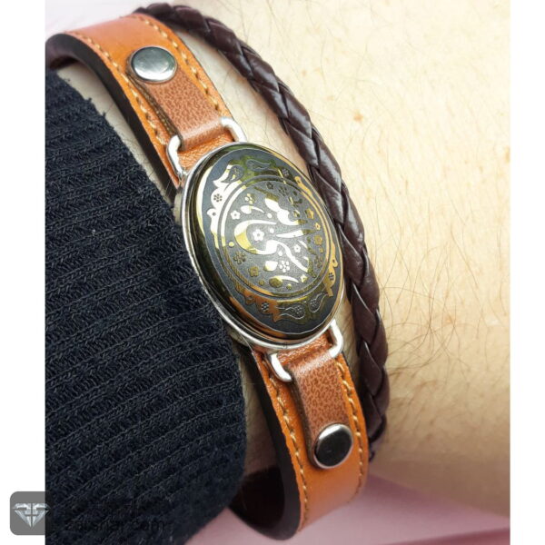 دستبند چرم و نقره سنگ حدید حسبی الله عکس دستبند چرم و نقره سنگ حدید حسبی الله