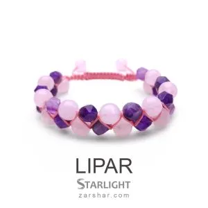 عکس دستبند بافت چرم و سنگ آمیتیست و رزکوارتز LIPAR
