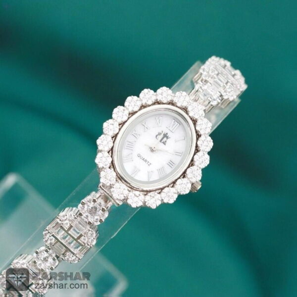 عکس ساعت نقره زنانه طرح شکوفه و امرالدکات