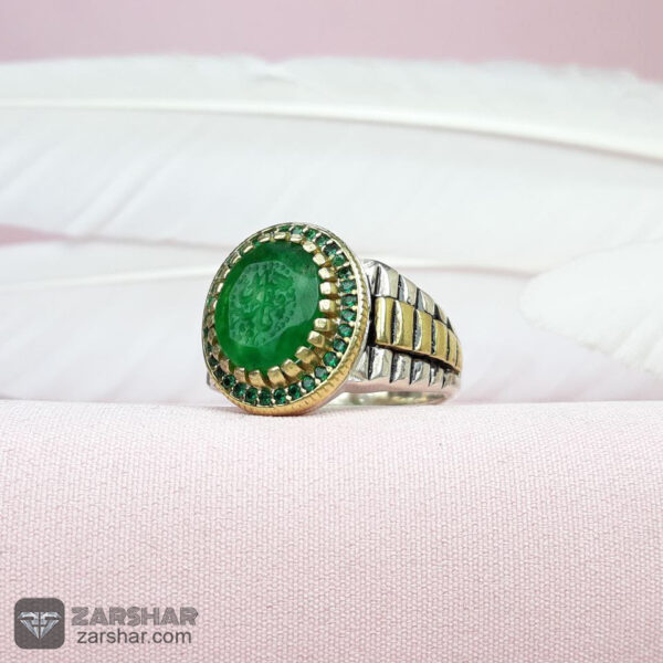 انگشتر جید سبز خطی یا زهرا طرح رولکسی عکس انگشتر جید سبز خطی یا زهرا طرح رولکسی
