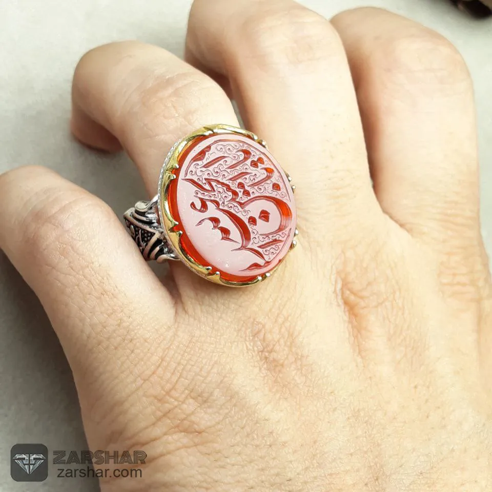عکس انگشتر عقیق پرتقالی دو رنگ خطی حسین منی و انا من حسین