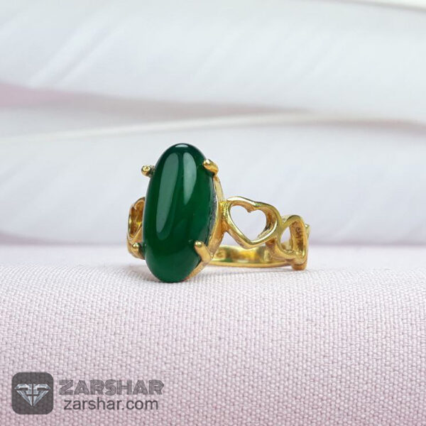 عکس انگشتر زنانه عقیق سبز آبکاری طلایی طرح قلب
