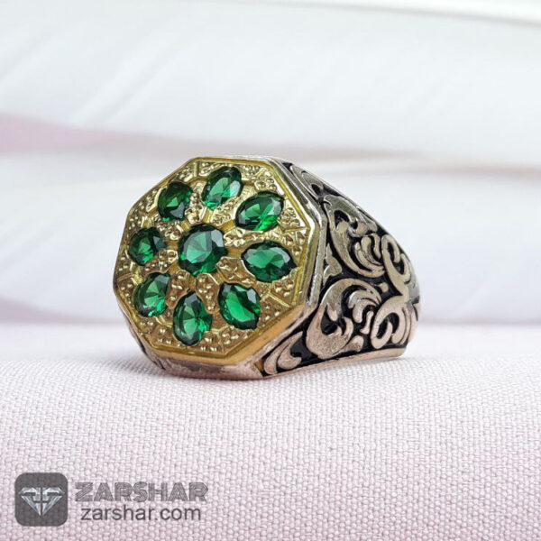 عکس انگشتر نقره اسپرت طرح یاقوت سبز