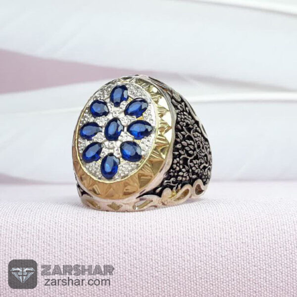 انگشتر اسپرت نه نگین طرح یاقوت کبود عکس انگشتر اسپرت نه نگین طرح یاقوت کبود