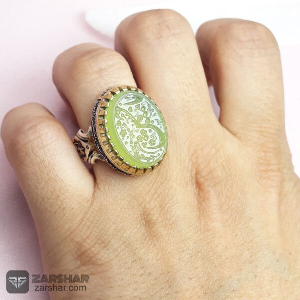 انگشتر عقیق سبز کاهویی حکاکی یا حسین عکس انگشتر عقیق سبز کاهویی حکاکی یا حسین