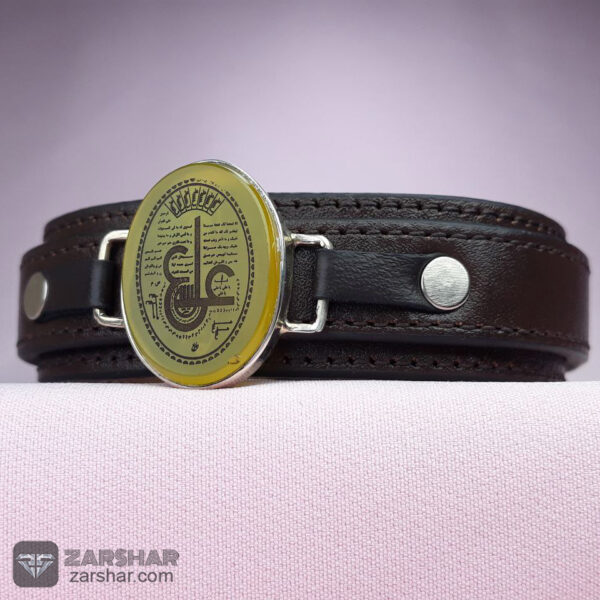 عکس دستبند چرم و نقره شرف الشمس حکاکی دعای علی(ع)