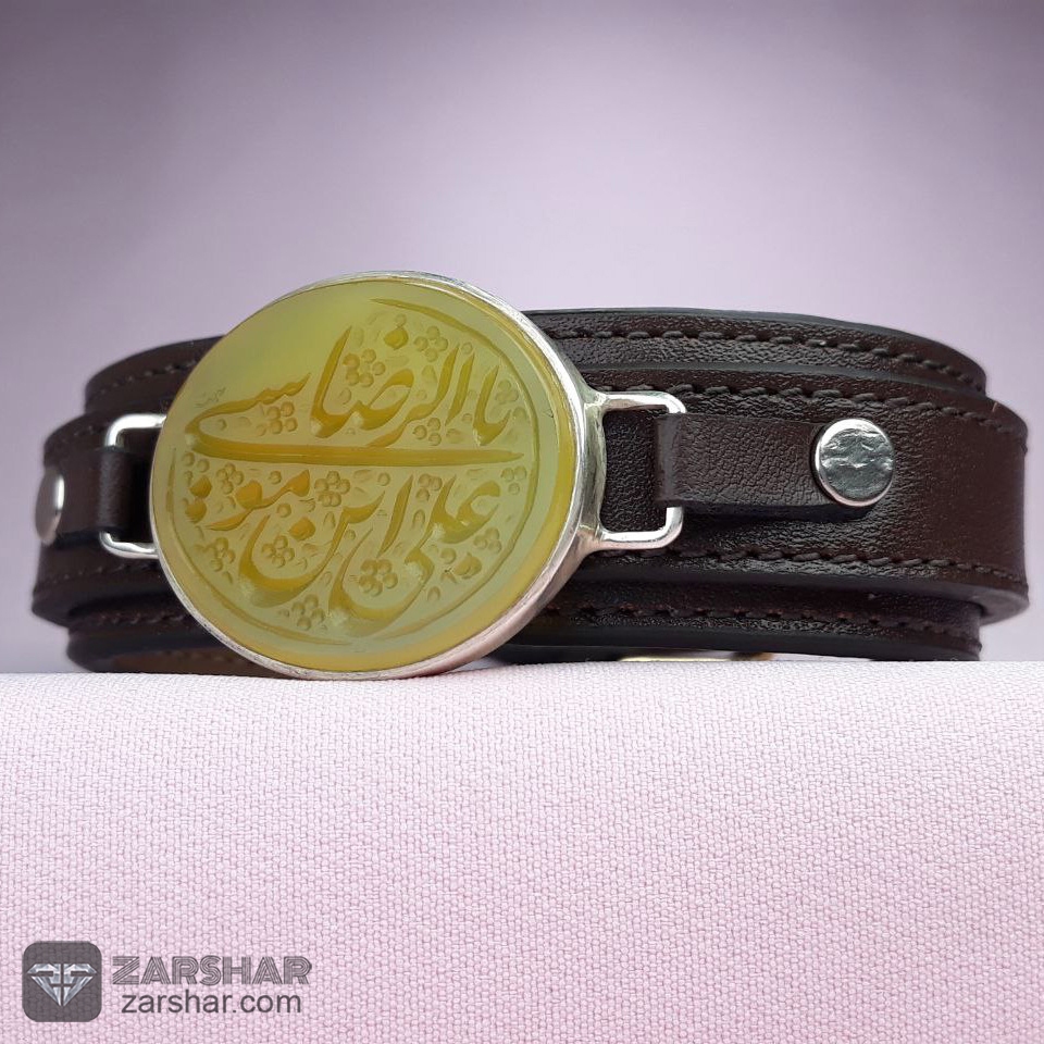 عکس دستبند چرم و نقره شرف الشمس حکاکی یا علی ابن موسی الرضا
