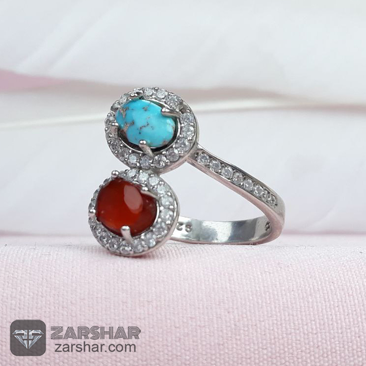 عکس انگشتر دو نگین عقیق یمنی و فیروزه نیشابوری زنانه