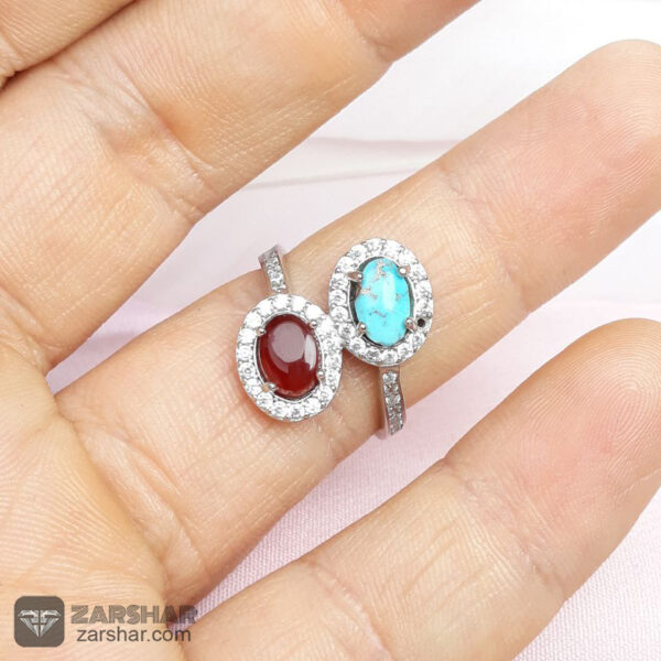 عکس انگشتر دو نگین عقیق یمنی و فیروزه نیشابوری زنانه