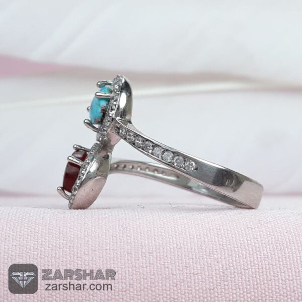 عکس انگشتر دو نگین عقیق یمنی و فیروزه نیشابوری زنانه