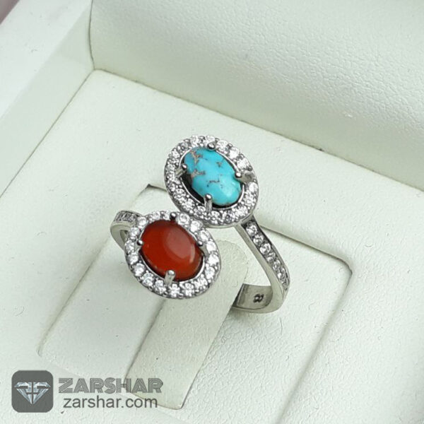 عکس انگشتر دو نگین عقیق یمنی و فیروزه نیشابوری زنانه