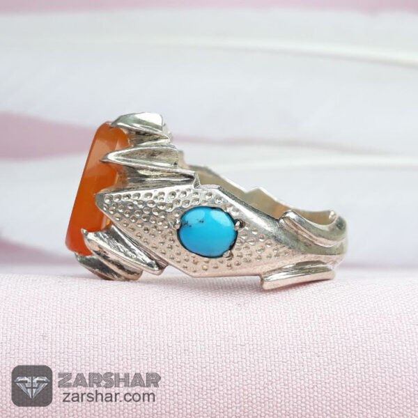 انگشتر عقیق یمنی پرتقالی هفت شرف مخراج فیروزه نیشابوری عکس انگشتر عقیق یمنی پرتقالی هفت شرف مخراج فیروزه نیشابوری