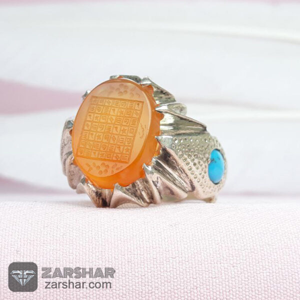 انگشتر عقیق یمنی پرتقالی هفت شرف مخراج فیروزه نیشابوری عکس انگشتر عقیق یمنی پرتقالی هفت شرف مخراج فیروزه نیشابوری