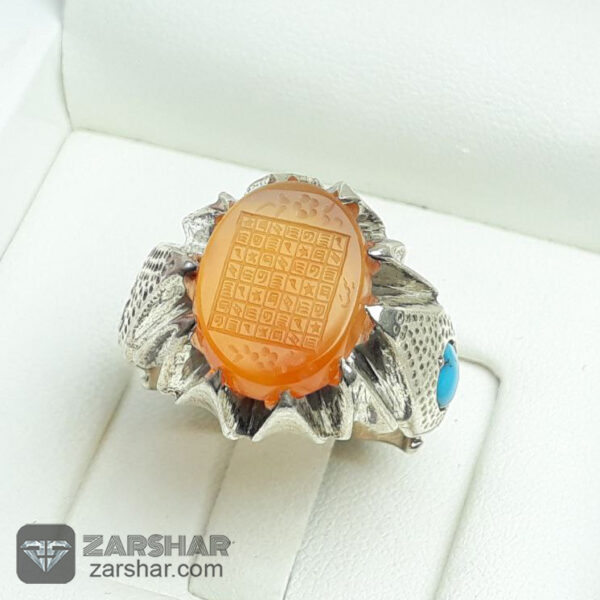 انگشتر عقیق یمنی پرتقالی هفت شرف مخراج فیروزه نیشابوری عکس انگشتر عقیق یمنی پرتقالی هفت شرف مخراج فیروزه نیشابوری