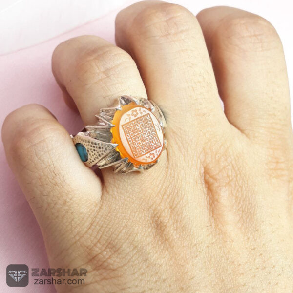 انگشتر عقیق یمنی پرتقالی هفت شرف مخراج فیروزه نیشابوری عکس انگشتر عقیق یمنی پرتقالی هفت شرف مخراج فیروزه نیشابوری