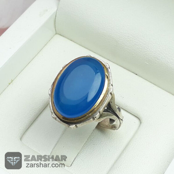 عکس انگشتر ست عقیق آبی تاج برنجی
