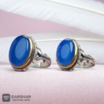 عکس انگشتر ست عقیق آبی تاج برنجی