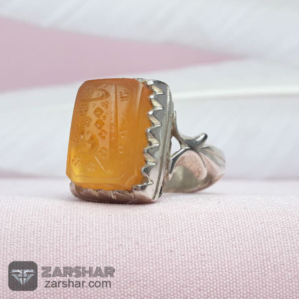 انگشتر عقیق یمنی پرتقالی خط یا علی عکس انگشتر عقیق یمنی پرتقالی خط یا علی